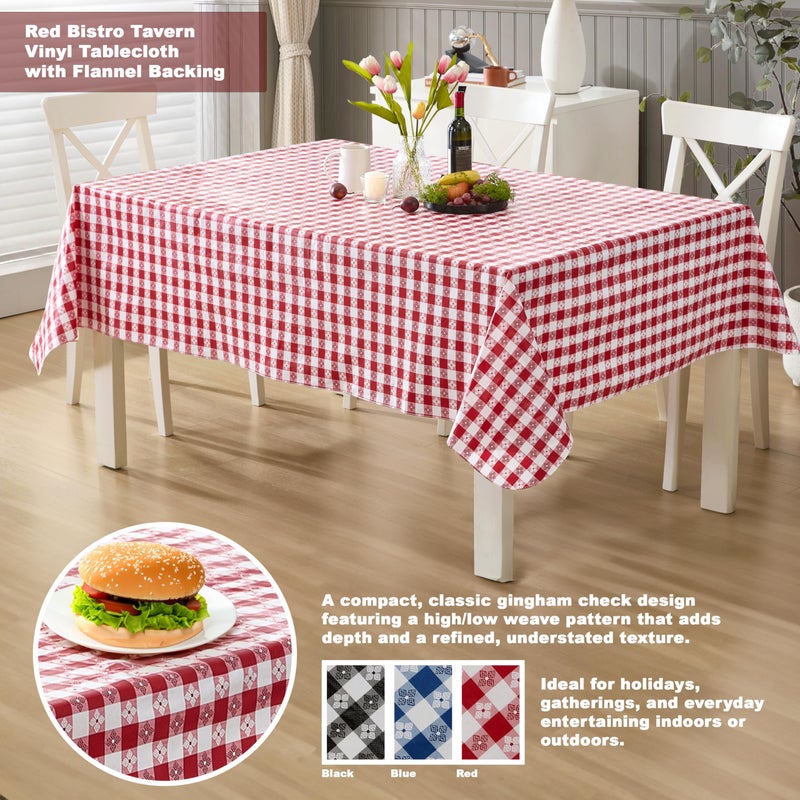 Newbridge 52 x 70 Inch Rectangle Vinyl Tablecloth with Flannel Backing, Bistro Tavern Check, CafÃ© Checkered Indoor Outdoor Vinyl Table Cover for Picnic, Barbecue and Patio Dining, Red - Image 2